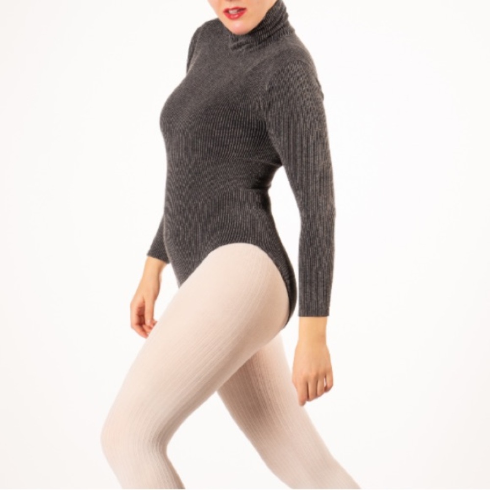 Wolford Colorado Ribbed Bodysuit Size L Metallic Gray Knit Mockneck Long Sleeves
